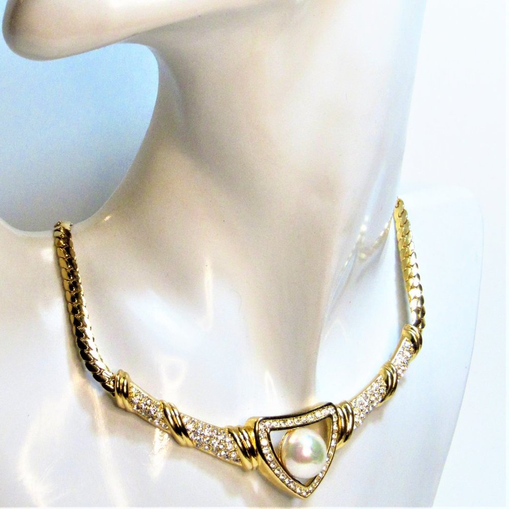 Vintage Dior Faux Pearl Pave Necklace and Earring - Picture 2 of 10